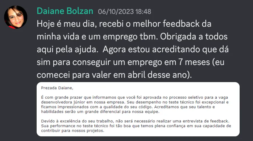 Print do depoimento 1 de aluno Dev em Dobro anunciando a primeira vaga
