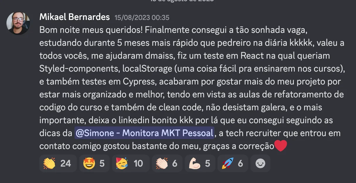 Print do depoimento 2 de aluno Dev em Dobro anunciando a primeira vaga