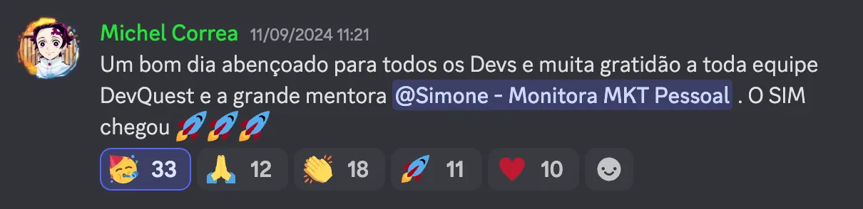 Print do depoimento 20 de aluno Dev em Dobro anunciando a primeira vaga