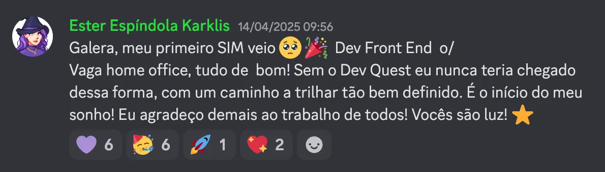 Print do depoimento 34 de aluno Dev em Dobro anunciando a primeira vaga