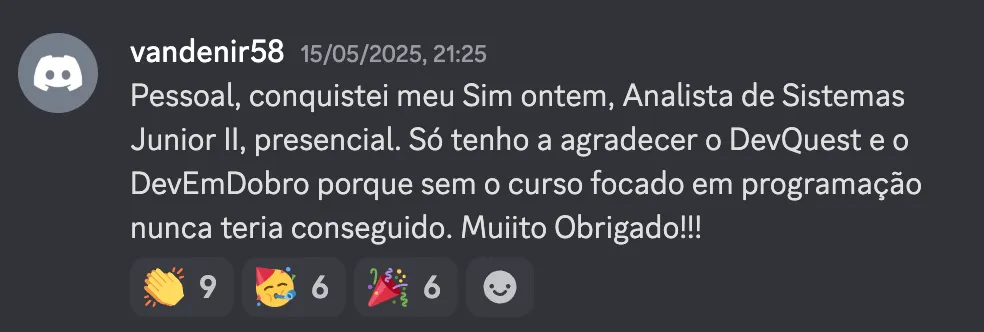 Print do depoimento 36 de aluno Dev em Dobro anunciando a primeira vaga