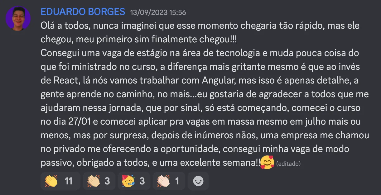 Print do depoimento 4 de aluno Dev em Dobro anunciando a primeira vaga