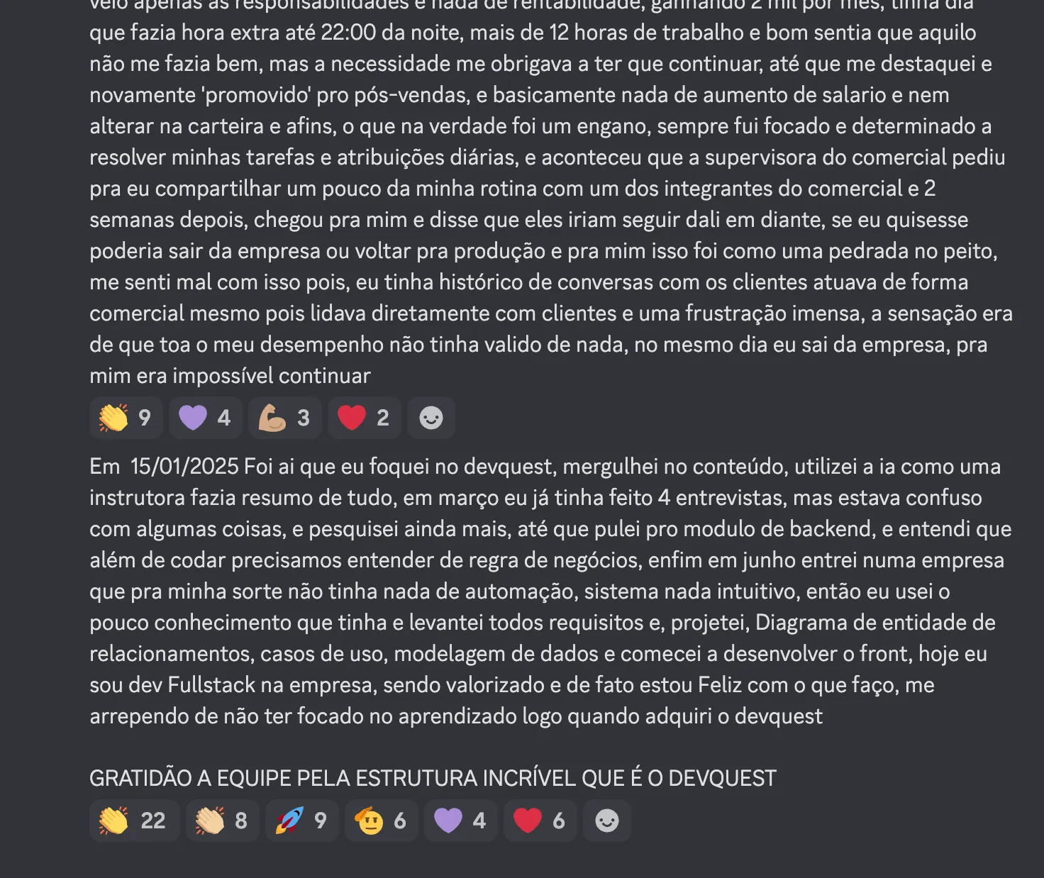 Print do depoimento 42 de aluno Dev em Dobro anunciando a primeira vaga