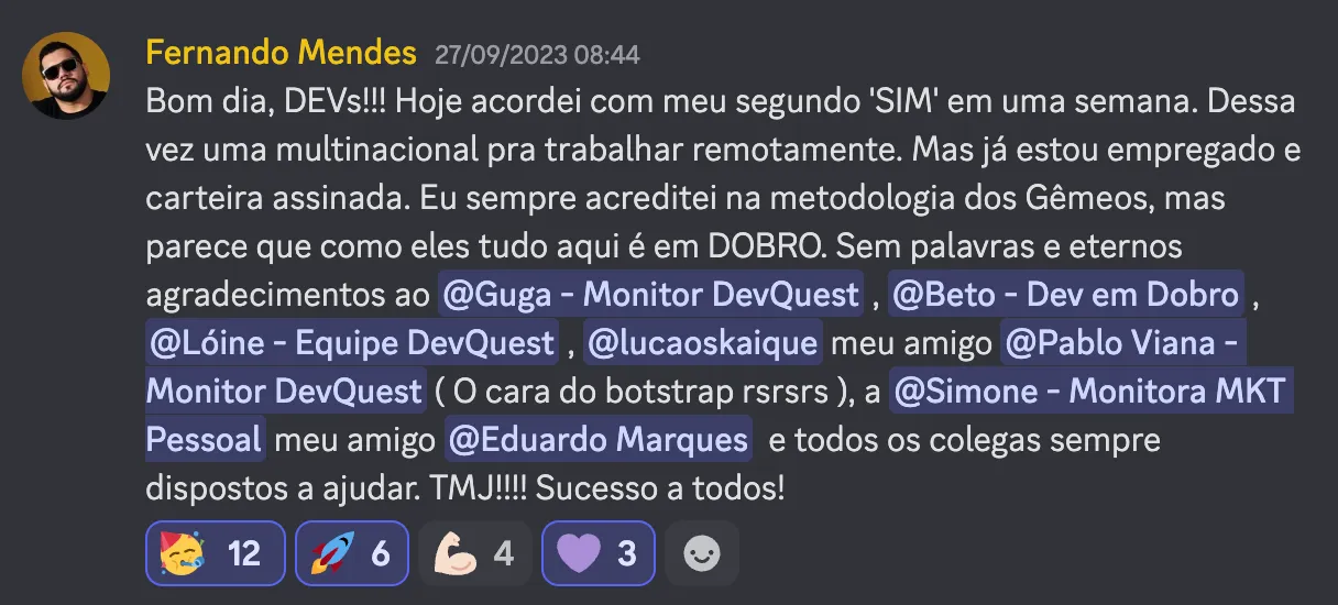 Print do depoimento 7 de aluno Dev em Dobro anunciando a primeira vaga