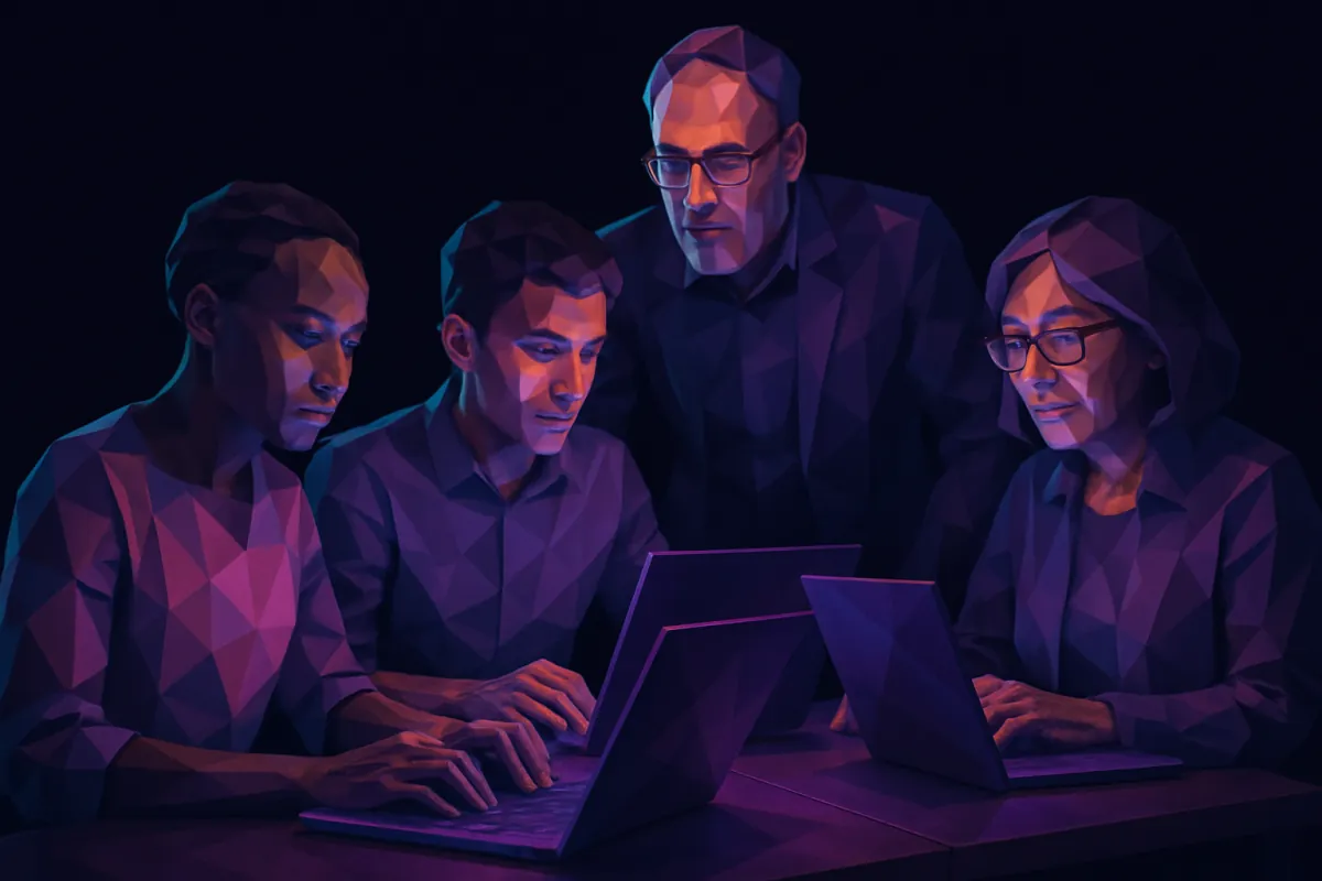 Desenvolvedores de diferentes idades, dos 20 aos 50 anos, programando lado a lado