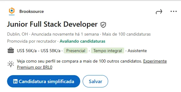 Captura de tela de vaga real para desenvolvedor anunciada no LinkedIn