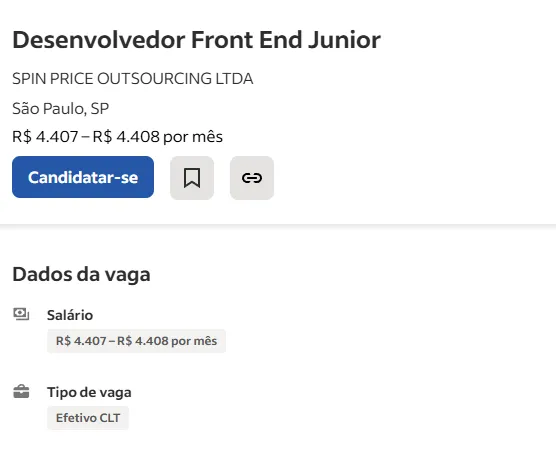 Captura de tela de vaga real para desenvolvedor anunciada no LinkedIn